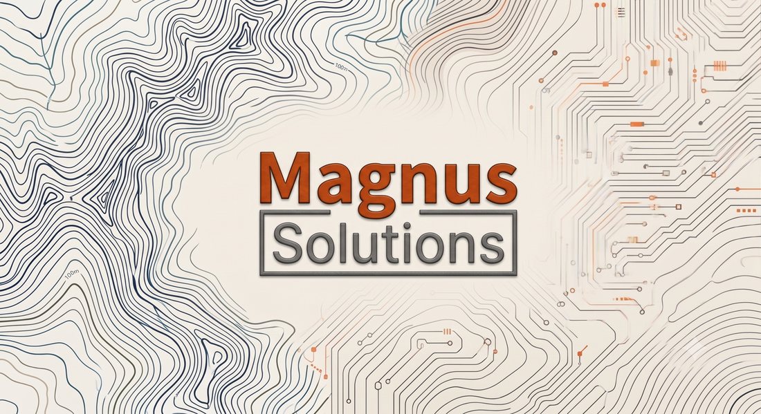 Magnus Solutions — topographic terrain flowing into a circuit board