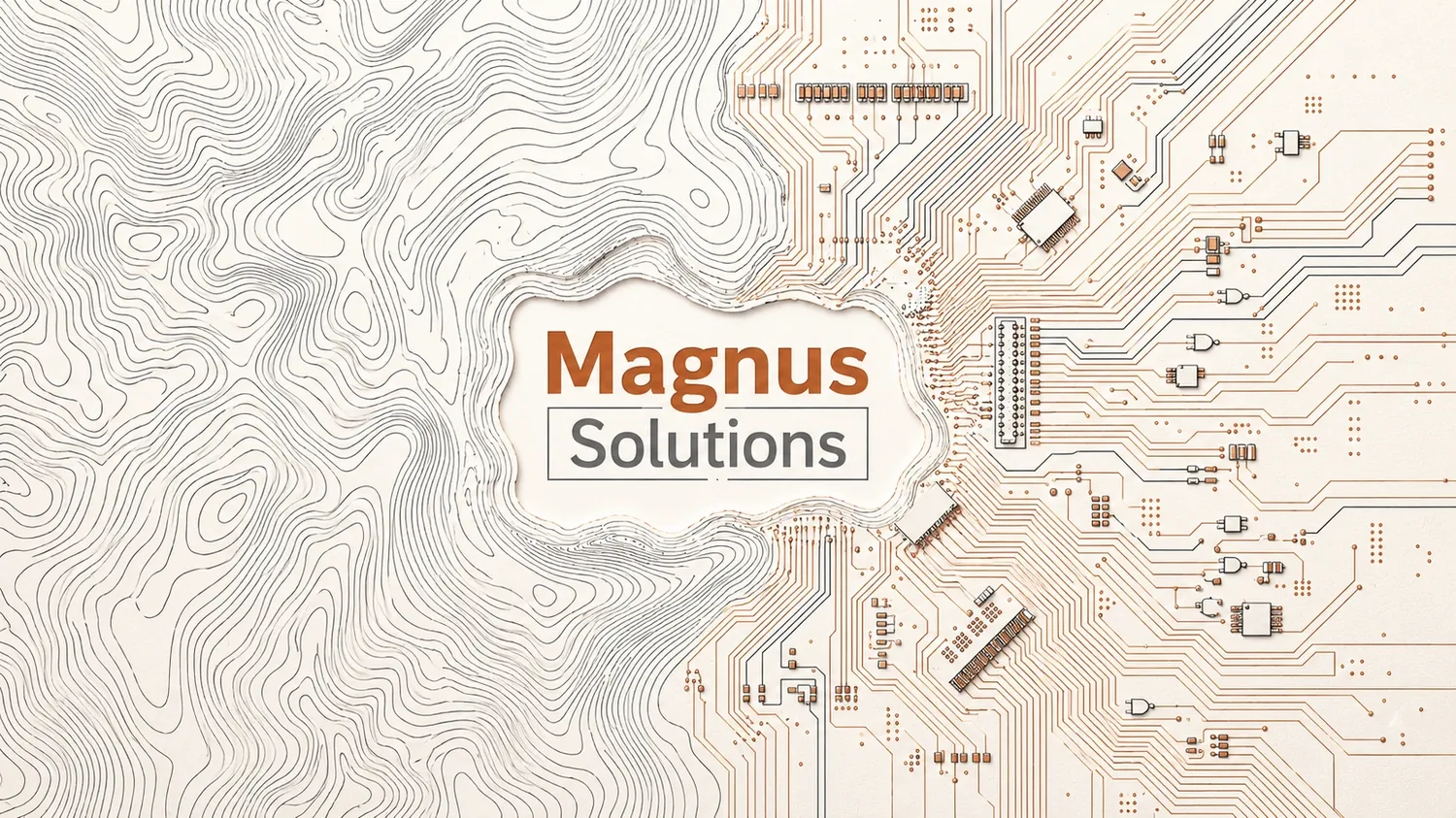Magnus Solutions — topographic terrain flowing into a circuit board
